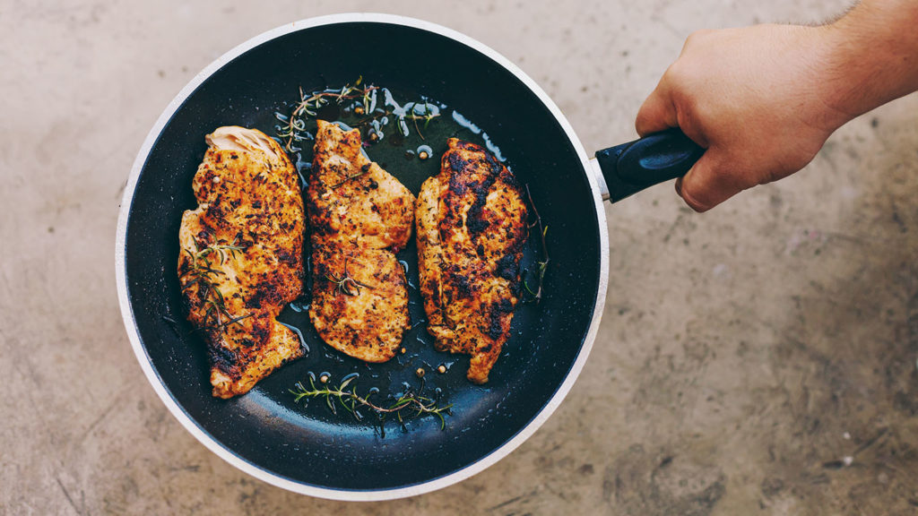 Pan Fried Chicken in Olive Oil with Tomato, Pecan, Persimmon Succotash